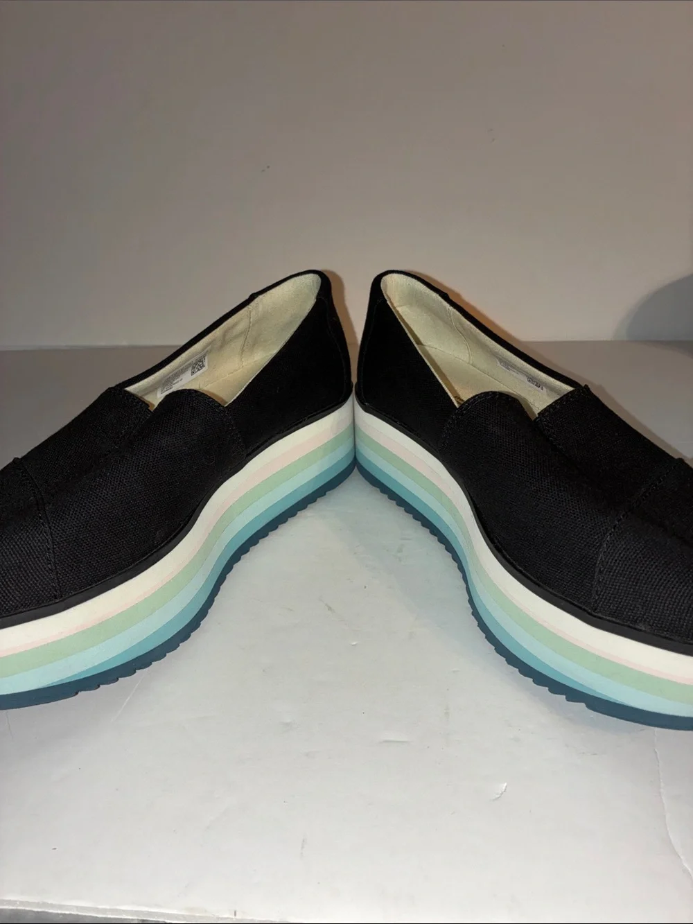 TOMS, Women’s 8.5, Black Canvas Platform Slip-Ons with Pastel Striped Sole